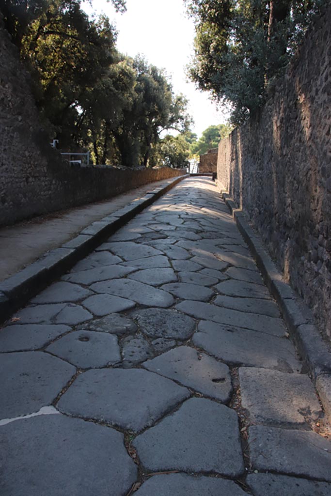 Via dei Teatri between VIII.7 and VIII.6. October 2022. 
Looking south. Photo courtesy of Klaus Heese.

