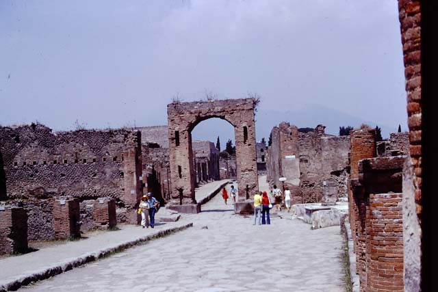 Via del Foro, Pompeii, 1973. Looking north. Photo by Stanley A. Jashemski. 
Source: The Wilhelmina and Stanley A. Jashemski archive in the University of Maryland Library, Special Collections (See collection page) and made available under the Creative Commons Attribution-Non Commercial License v.4. See Licence and use details. J73f0586
