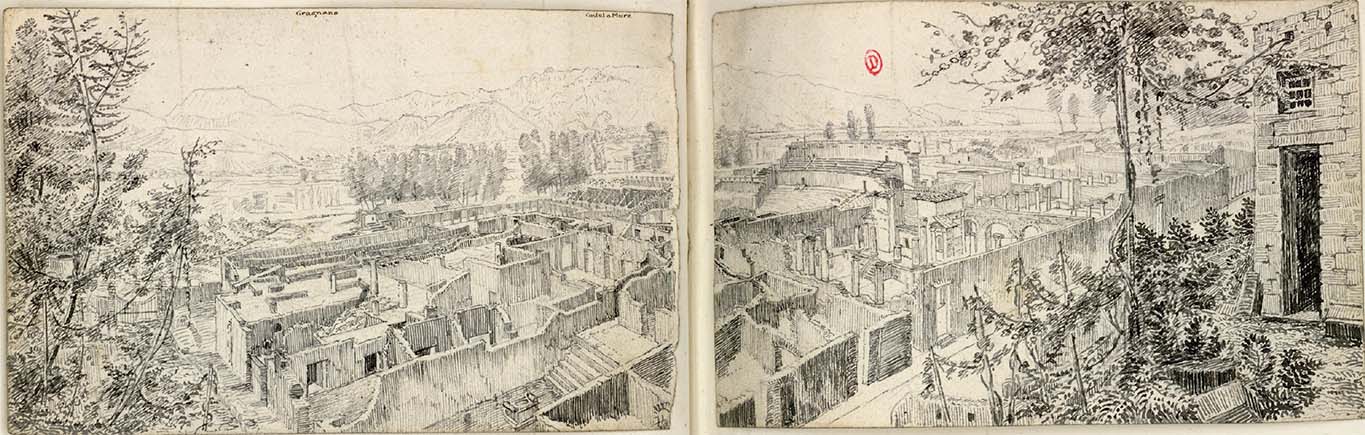 Via del Tempio d’Iside between VIII.7 and VIII.4, lower right, with Temple of Isis, centre right. 
c. 1819, sketch by W. Gell, looking south-west across Reg. VIII, insula 7.
See Gell W & Gandy, J.P: Pompeii published 1819 [Dessins publiés dans l'ouvrage de Sir William Gell et John P. Gandy, Pompeiana: the topography, edifices and ornaments of Pompei, 1817-1819], pl. 40.
See book in Bibliothèque de l'Institut National d'Histoire de l'Art [France], collections Jacques Doucet Gell Dessins 1817-1819
Use Etalab Open Licence ou Etalab Licence Ouverte

