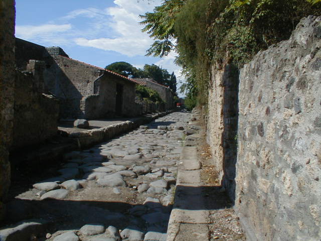 Via del Vesuvio, Pompeii. June 2019. Newly excavated frontages to V.6, on east side of Via del Vesuvio.
Photo courtesy of Buzz Ferebee.
In order to improve the drainage and security for visitors to the site, the soil, ash and exuberant vegetation was removed from the slope of the land on the east side of Via del Vesuvio (Insula V.6).
This cleared the area to enable the street boundary wall and rooms at its immediate rear to be viewed from Via del Vesuvio. 

