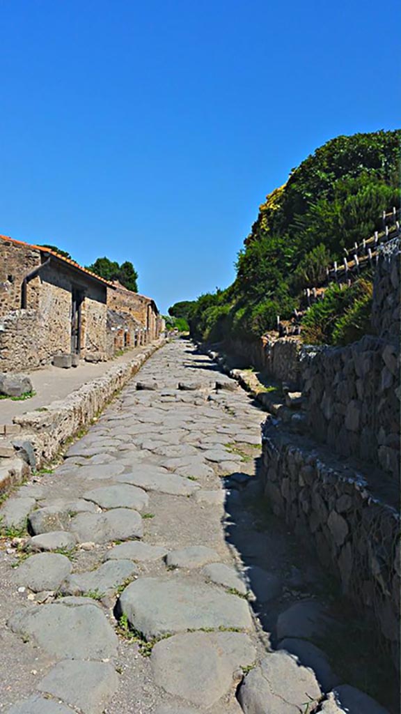 Via del Vesuvio, Pompeii. October 2022. 
Looking north along east side of roadway, from VI.16.7, on left. Photo courtesy of Klaus Heese.

