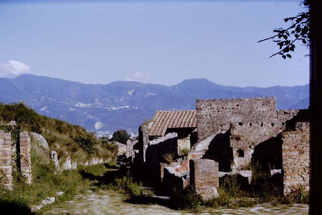 Via del Vesuvio (Via Stabiana) between V.6 and VI.16. Pompeii, 1968. Looking south from near water tower.  Photo by Stanley A. Jashemski.
Source: The Wilhelmina and Stanley A. Jashemski archive in the University of Maryland Library, Special Collections (See collection page) and made available under the Creative Commons Attribution-Non Commercial License v.4. See Licence and use details.
J68f0072

