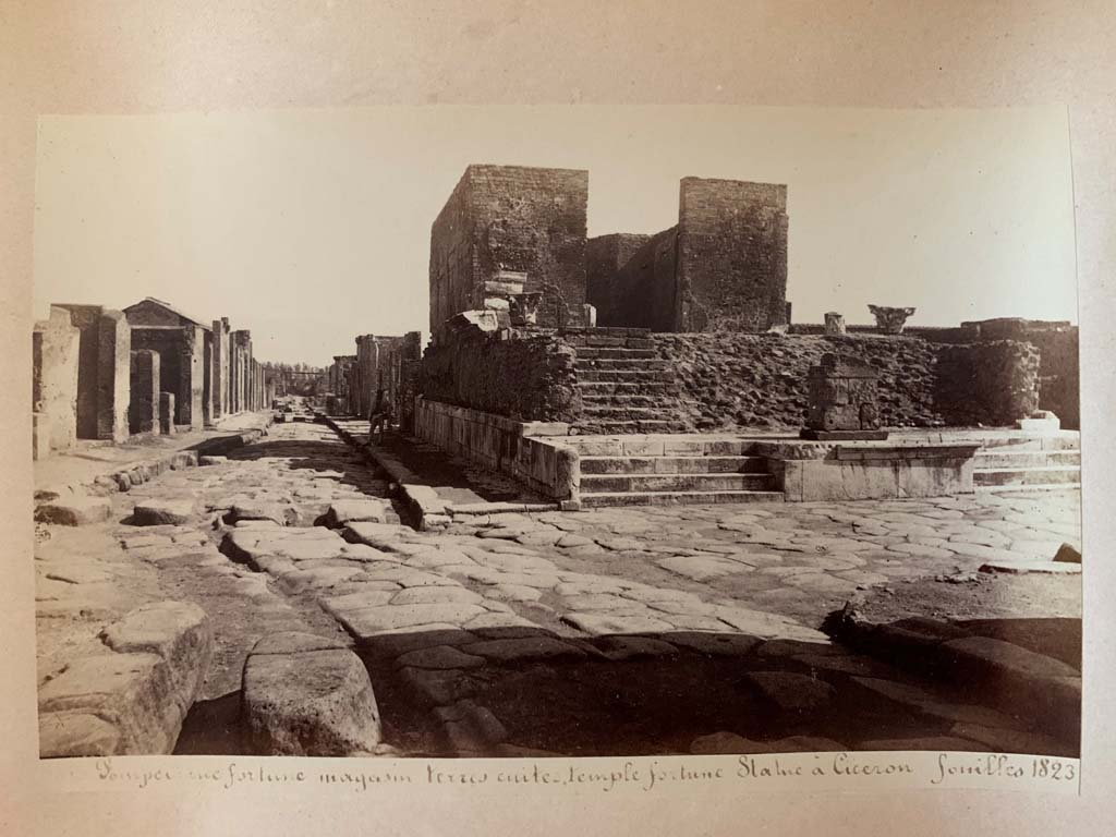 Via della Fortuna, Pompeii. Photograph by M. Amodio, from an album dated April 1878.
Looking east along VI.10, towards VI.12, on left. Temple of Fortuna Augusta and Via Foro, on right. Photo courtesy of Rick Bauer.

