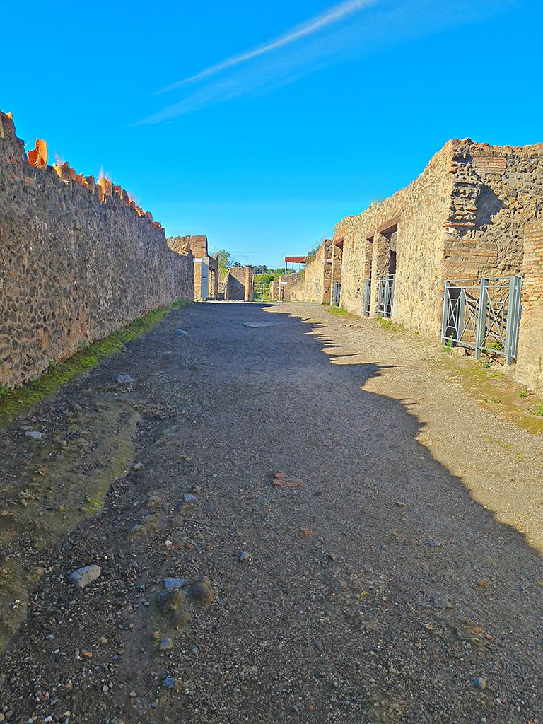 Via della Palestra, Pompeii. October 2024. 
Looking west towards junction with Vicolo dei Fuggiaschi. Photo courtesy of Giuseppe Ciaramella.

