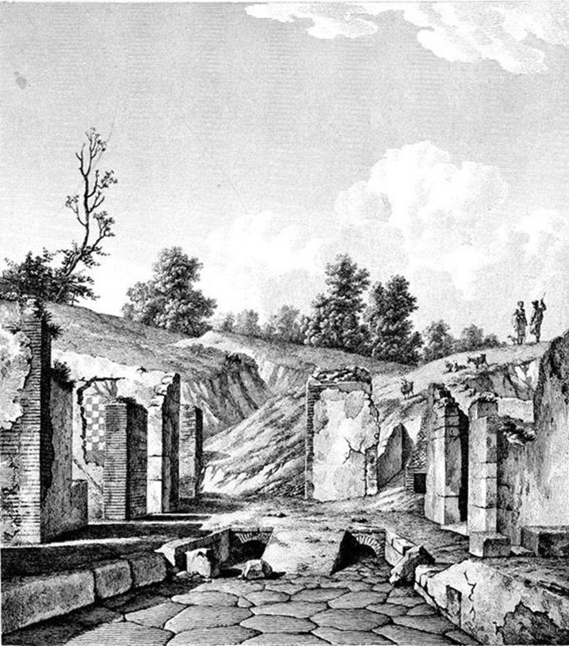 Via delle Terme between VII.6 and VI.4.  About 1834. Looking west to where it joins Vicolo del Farmacista. Sketch by Mazois. 

