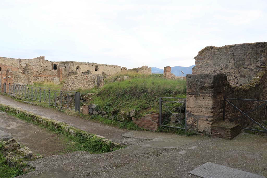 Via delle Terme, south side, Pompeii. December 2018.  
Looking south-east across VII.6, from junction with Vicolo del Farmacista, on right. Photo courtesy of Aude Durand.

