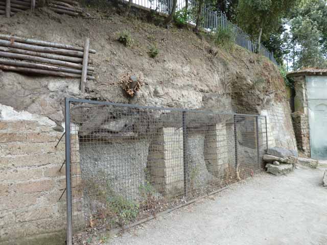Via delle Tombe, east end. May 2006. Surge and lapilli layers from 79AD eruption near Tomb 19ES. 
