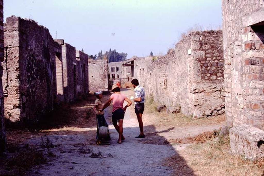 Via di Castriccio, Pompeii. 1974. Looking west between I.16 and I.11 from near junction with Via della Nave Europa, on left and right. Photo by Stanley A. Jashemski.   
Source: The Wilhelmina and Stanley A. Jashemski archive in the University of Maryland Library, Special Collections (See collection page) and made available under the Creative Commons Attribution-Non Commercial License v.4. See Licence and use details. J74f0489

