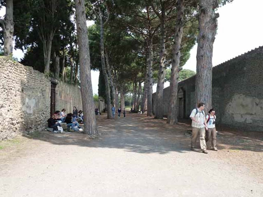 Via di Castricio, May 2010. Looking east between II.2 and II.7. Along the north wall of the Palestra, on the right in this picture, many graffiti (not now visible) were found. See Varone, A. and Stefani, G., 2009. Titulorum Pictorum Pompeianorum, Rome: Lerma di Bretschneider.  (p. 222-4).