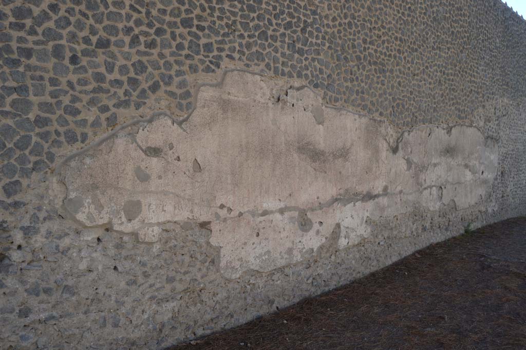 Via di Castricio, south side, Pompeii. October 2017. Remains of plaster and graffiti on west end of outer north wall of the Palestra.
Foto Taylor Lauritsen, ERC Grant 681269 DCOR.

