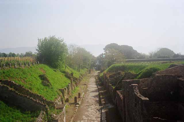Via di Nola, Pompeii. October 2017. Looking east between IV.3, on left, and III.9, on right, from unexcavated roadway. 
Foto Taylor Lauritsen, ERC Grant 681269 DÉCOR.
