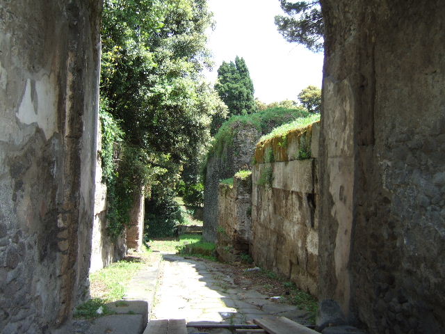 Via di Nola. May 2006.Looking east along its continuation between the tombs at the Nola Gate and into the unexcavated area. 
