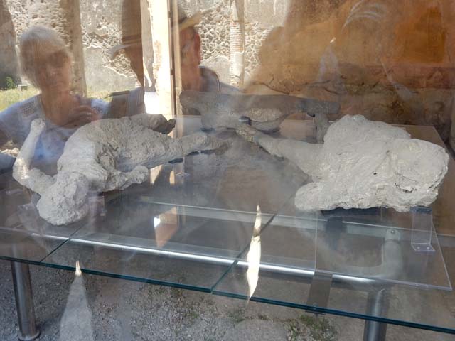 Vicolo degli Scheletri, May 2017. Three of the four plaster-casts of a family group found in the Vicolo degli Scheletri in February 1863. Photo courtesy of Buzz Ferebee.
