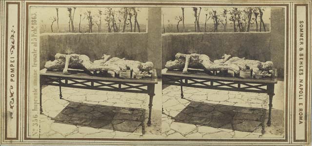 Vicolo degli Scheletri. Late 19th Century. Plaster cast of two human fugitives, numbers 2 and 3, found between Reg VII.11 and VII.14, on 3rd-5th February 1863. Photo courtesy of Rick Bauer.
