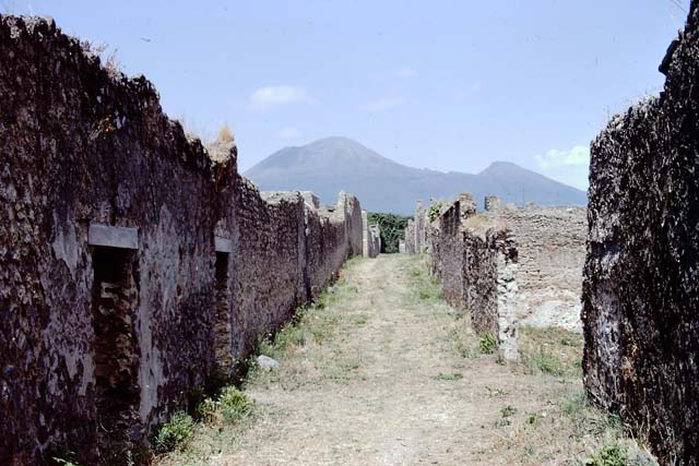 Vicolo dei Fuggiaschi, Pompeii, on left. December 2018. 
Looking north towards I.14.11 on corner of junction with Via della Palestra, lower centre and right. Photo courtesy of Aude Durand.
