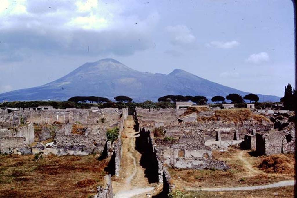 Vicolo dei Fuggiaschi, Pompeii (in centre). 1974. Looking north across I.21, and I.20. 
Via di Nocera can be seen on the right.  Photo by Stanley A. Jashemski.   
Source: The Wilhelmina and Stanley A. Jashemski archive in the University of Maryland Library, Special Collections (See collection page) and made available under the Creative Commons Attribution-Non Commercial License v.4. See Licence and use details. J74f0209
