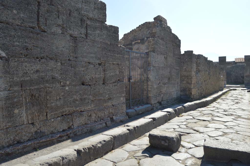 Vicolo dei Vettii, east side, Pompeii. October 2017. Looking south from VI.14.43 towards junction with Via della Fortuna, on right.
Foto Taylor Lauritsen, ERC Grant 681269 DÉCOR
