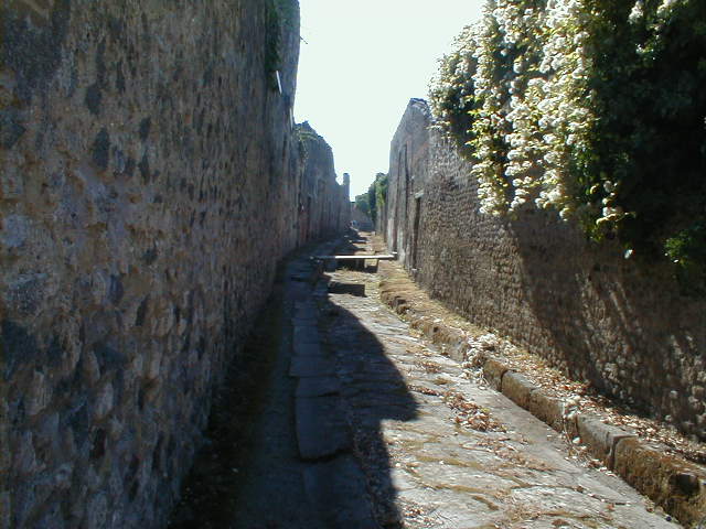 Vicolo del Panettiere between VII.2 and VII.3. Looking west from Via Stabiana. September 2004.