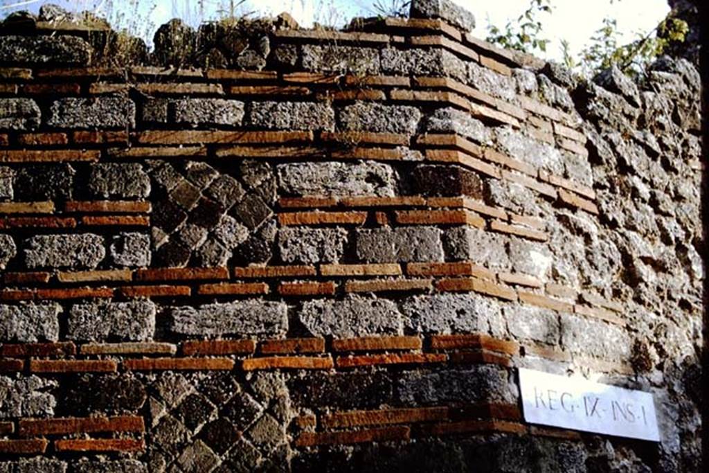 Vicolo di Tesmo/Vicolo di Balbo, Pompeii. 1964. Detail of brickwork in wall of IX.1, at junction. Photo by Stanley A. Jashemski.
Source: The Wilhelmina and Stanley A. Jashemski archive in the University of Maryland Library, Special Collections (See collection page) and made available under the Creative Commons Attribution-Non Commercial License v.4. See Licence and use details.
J64f1333  

