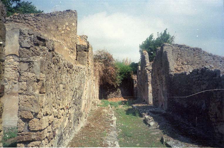 Vicolo di Lucrezio Frontone. June 2012. Looking north towards west side of roadway, and doorways at V.3.10, V.3.11 and V.3.12. Photo courtesy of Michael Binns. 
