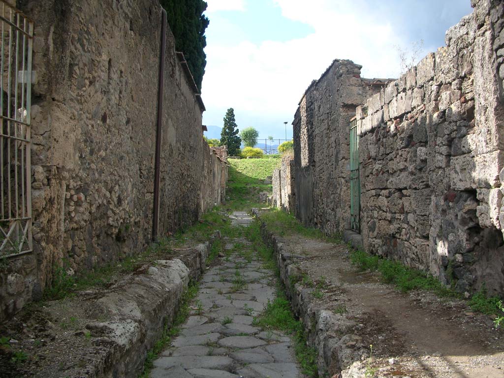Vicolo di Narciso, Pompeii. May 2010. 
Looking north to junction with city walls from near VI.2.16, on right. Photo courtesy of Ivo van der Graaff.
