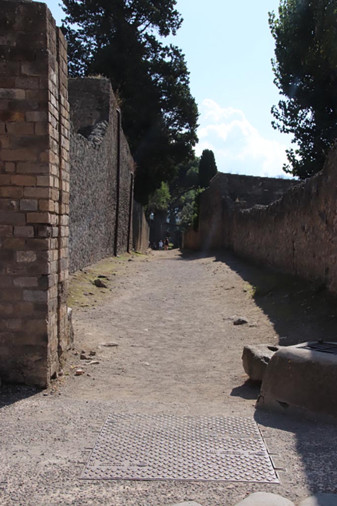 Vicolo di Octavius Quartio, Pompeii. October 2022. 
Looking south from junction with Via dell’Abbondanza. Photo courtesy of Klaus Heese.
According to Della Corte –
“The narrow street to the south that has been excavated in the eastern half of its entire length, was rendered on its entrance impervious to vehicular traffic by joining the two footpaths, and closed by a door of which remain in situ, all certain elements, close by a water-castle (castellum aquae privatum). This sustains also today its lead water reservoir with one of the pipes (fistulae aquariae) going down from the bottom of the reservoir. At a short distance and nearly outside the footpath, there is to be seen a large lead belled chest of the aqueduct, upon a pipe of which is inserted a large bronze arrest-key. On the left of the water-castle is a cross-way public altar in honour of some Gods impossible to be identified today in the faded painting.”
See Della Corte, M. Pompeji, the new excavations – houses and inhabitants 1925. (p.67).

According to Garcia y Garcia, the north end of the vicolo between II.2 and II.1 was hit heavily by the bombing of 19th September 1943.
The pilaster, with the lead container for water on top, was completely destroyed.
This was a unique example from Pompeii, the only one so far discovered here.
See Garcia y Garcia, L., 2006. Danni di guerra a Pompei. Rome: L’Erma di Bretschneider. (p. 44, figs. 37-39)

