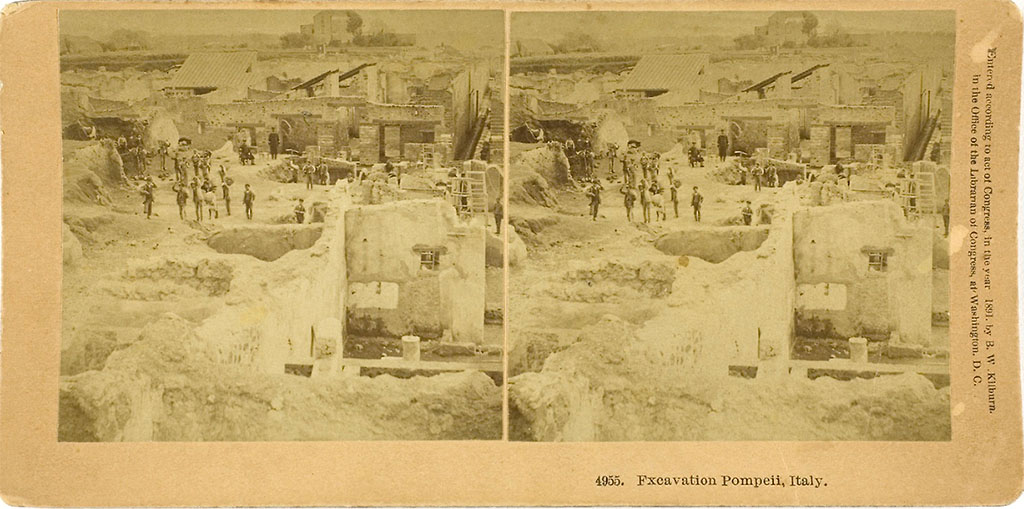 Vicolo di Tesmo. North end at junction with Via di Nola. Stereoview by B W Kilburn no. 4955 showing Pompeii excavations in 1891. 
The Vicolo di Tesmo can be seen immediately behind the excavations, placing the excavation area around V.2.4.
Photo courtesy The Art Institute of Chicago, catalogue number 1998.670. CC0 Public Domain Designation. See CC0.
