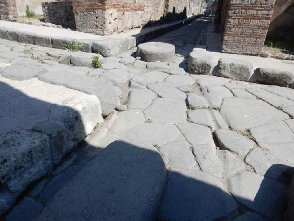 Vicolo di Tesmo, Pompeii. May 2017.  Looking south between IX.7 and IX.2, from junction with unnamed vicolo. Photo courtesy of Buzz Ferebee.

