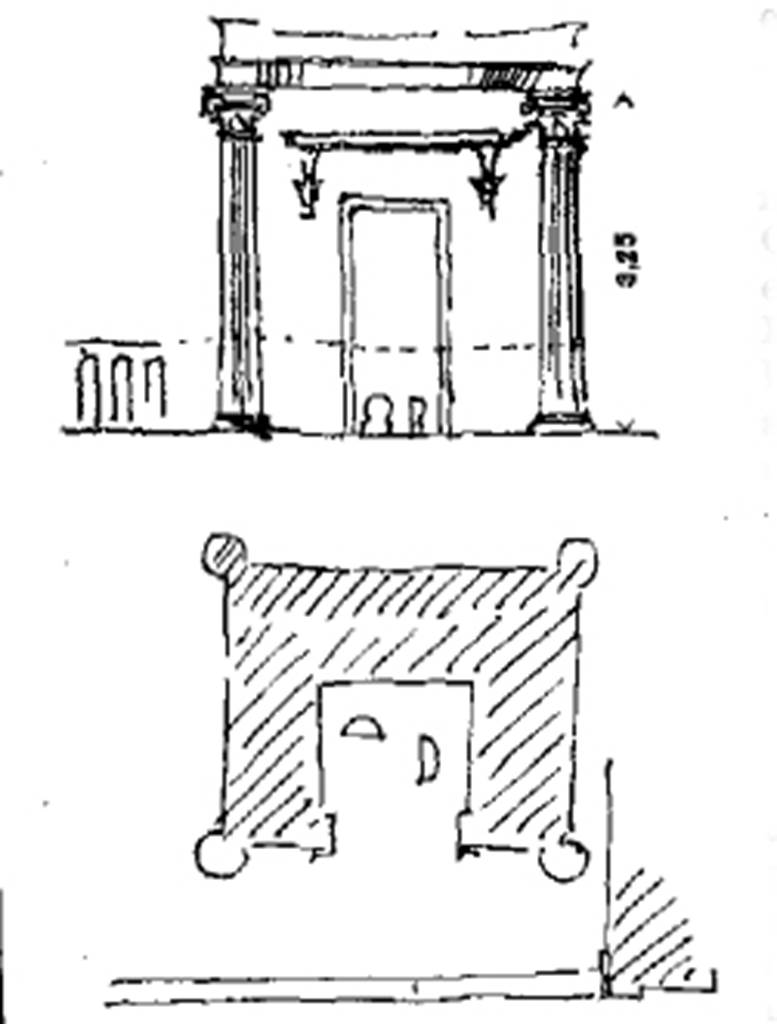 Pompeii FP2. 1886 drawing by Maier of tomb front and cross section showing position of cippi. According to Maier, this grave and the second grave on the left hand side (FP4) were completely similar in construction. He says this grave was located on the left of, and closely adjacent to grave 1 and was enclosed by a balustrade. See Maier H., 1886. Centralblatt der Bauverwaltung, No 46, p. 451, fig. 2. According the CTP, this is a drawing of FP4 but comparison with Mau’s plan below and Maier’s description seem to show it is FP2. See Van der Poel, H. B., 1981. Corpus Topographicum Pompeianum, Part V. Austin: University of Texas. (p. 42).