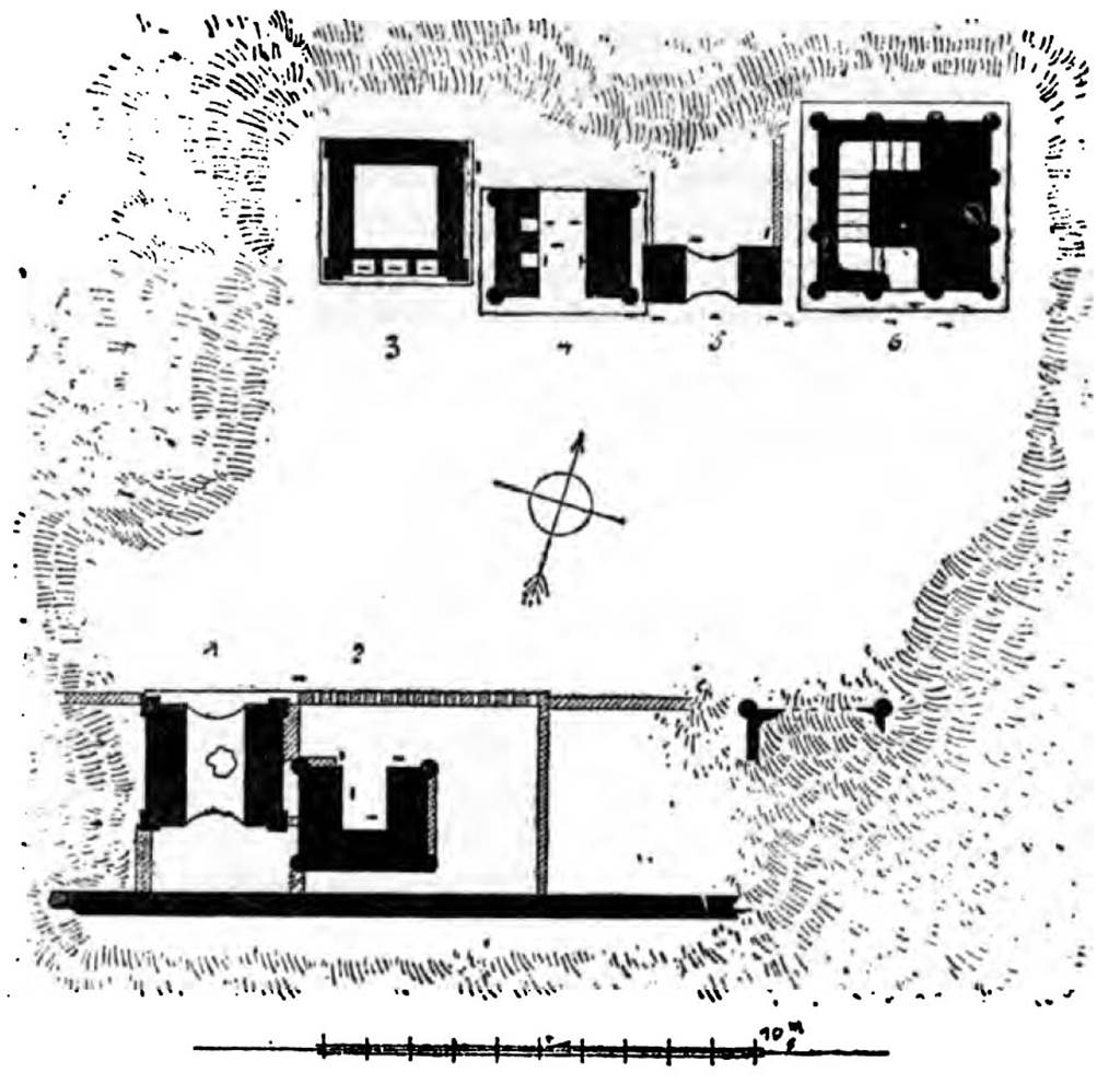 Pompeii FP2. 1888 plan of tombs FP1 to FP6 by Mau. Tomb FP2 agrees in detail with the 1886 drawing by Maier. Note the nearness to FP1, the positioning of the two cippi, the ground plan and the balustrade. FP4 does not have the thick rear wall or the balustrade and its niches and cippi are different. See Mau, A., 1907, translated by Kelsey F. W. Pompeii: Its Life and Art. New York: Macmillan. (p. 431, fig. 246).