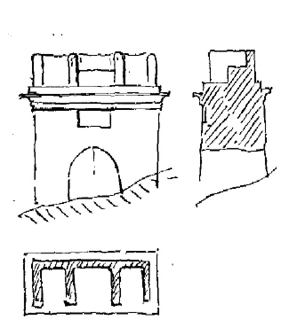 Pompeii FP1. 1886 drawing of tomb front and cross section showing upper storey. See Maier H., 1886. Centralblatt der Bauverwaltung, No 46, p. 451, fig. 3.