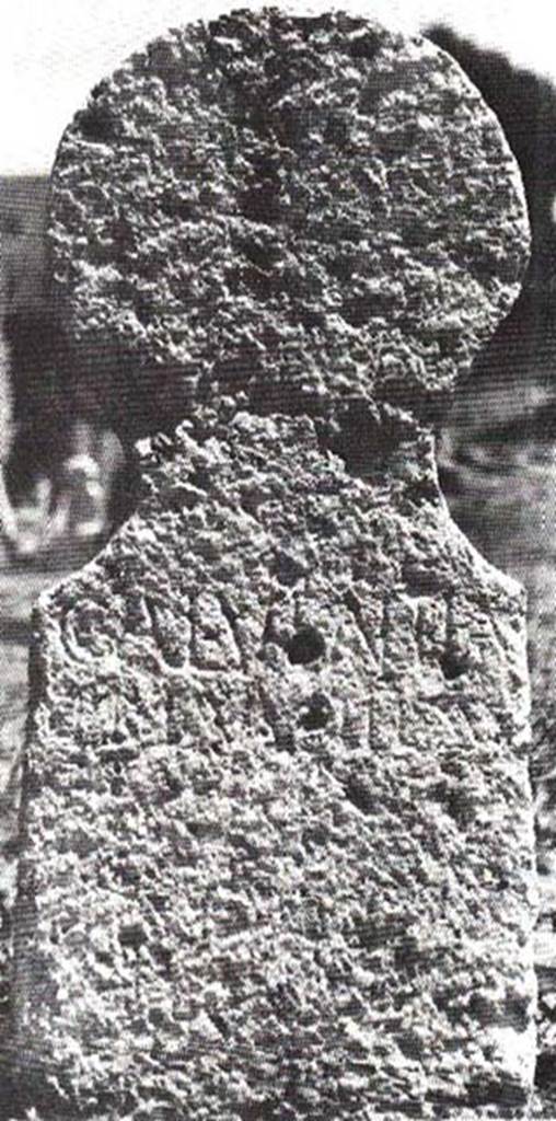 FPSB Pompeii. Stone columella of Calventia Primilla.
This is the second columella from the north-east corner and has the inscription

CALVENTIA
PRIMILLA

See D’Ambrosio A. and De Caro S., 1988. Römische Gräberstraßen. München: C.H.Beck. p. 217.