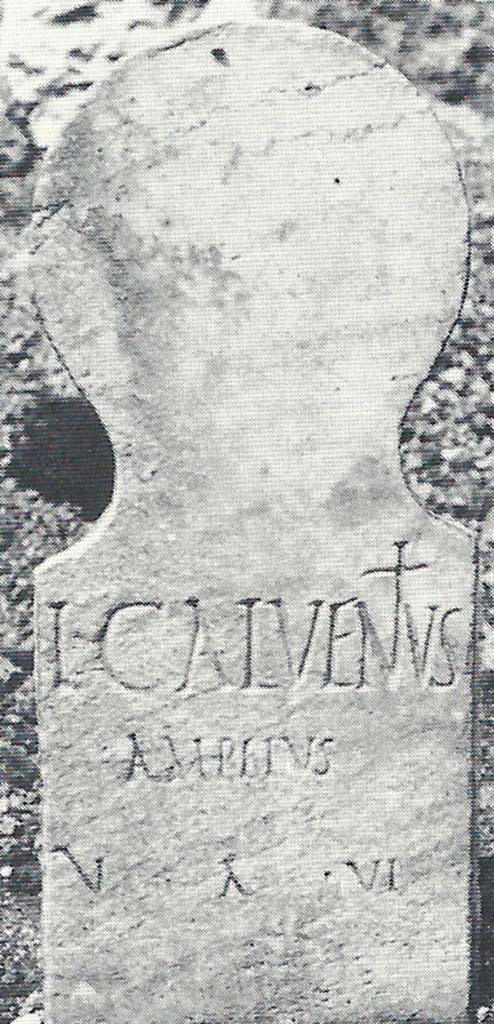FPSB Pompeii. Marble columella of Lucius Calventius Amplius.
This is in south-west corner of tomb area and has the inscription

L CALVENTIVS
AMPLIVS
V A VI

According to D’Ambrosio and De Caro, this expands to

L(ucius) Calventius
Amplius
V(ixit) a(nnis) VI

See D’Ambrosio A. and De Caro S., 1988. Römische Gräberstraßen. München: C. H. Beck. p. 217.
