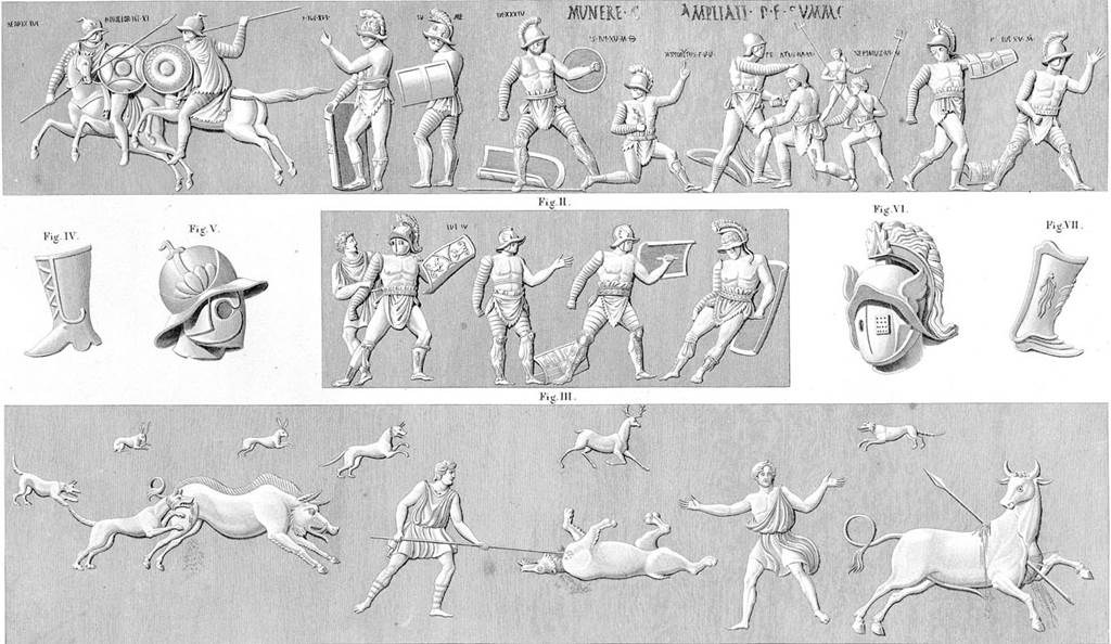 HGW17 Pompeii. About 1824. Drawing by Mazois of the Gladiator reliefs.
A painted inscription along the top of one of the scenes: MVNERE ……….. TI AMPLIATI DIE SVMMO: indicates that the gladiatorial show thus commemorated was given by Numerius Festius Ampliatus. [CIL IV 1182]
Beside each gladiator was painted his name, school, and number of previous combats, as in a programme; and letters were added to give the result of this fight.
In the first group, the first pair of gladiators on the left hand represents an equestrian combat. Both wear helmets with visors, which cover the whole face, and are armed with spears and round bucklers. 
In the second pair the gladiator on the left has been wounded; he has let fall his shield, and is imploring the mercy of the people by raising his hand toward them. His antagonist stands behind him waiting the signal of the people. The one on the left appears to be a mirmillo, and the one on the right, with an oblong shield (scutum), a Samnite. 
The third pair consists of a Thracian and a mirmillo, the latter of whom is defeated. 
The fourth group consists of four figures; two are secutores and two retiarii. The secutor on his knee appears to have been defeated by the retiarius behind him, but as the fuscina is not adapted for producing certain death, the other secutor is called upon to do it. The retiarius in the distance is probably destined to fight in his turn with the surviving secutor. 
The fifth pair are a mirmillo and a Samnite; the latter is defeated. 
In the second group two combats are represented. In the first a Samnite has been conquered by a mirmillo; the former is holding up his hand to the people to implore mercy, while the latter apparently wishes to become his enemy's executioner before receiving the signal from the people; but the lanista holds him back. In the other combat a mirmillo is mortally wounded by a Samnite. 
See Smith, W., 1875. A Dictionary of Greek and Roman Antiquities. London: John Murray. (p. 574-7).
See Mazois, F., 1824. Les Ruines de Pompei: Premiere Partie. Paris: Didot Freres. (p. 47-8, T: XXXII).

According to Epigraphik-Datenbank Clauss/Slaby (See www.manfredclauss.de) all these inscriptions are:

Munere [N(umeri) Fes]ti Ampliati die summo 
Bebryx Iul(ianus) |(pugnarum) XV v(icit)
Nobilior Iul(ianus) |(pugnarum) XIV
[3] Iul(ianus) |(pugnarum) XVI
[3 pugnarum X]IV m(issus) e(st)
[3] Iul(ianus) |(pugnarum) XXX v(icit)
[3]sus Iul(ianus) |(pugnarum) XV m(issus) o(biit)
Hippolytus I[ul(ianus?)] |(pugnarum) V v(icit)
Ce[l]atus Iul(ianus) |(pugnarum) VI
Nedymus Iul(ianus) |(pugnarum) V [3]
[3]p[3] Iul(ianus) |(pugnrum) XV m(issus
[3] Iul(ianus) |(pugnarum) IV [                                               [CIL IV 1182]

According to Kockel, Numerius Festius Ampliatus may not have been simply the organiser of the games but this was actually his grave.
See Kockel V., 1983. Die Grabbauten vor dem Herkulaner Tor in Pompeji. Mainz: von Zabern. (p. 83).

