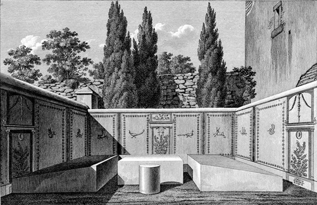 HGW23 Pompeii. 1824. Reconstruction illustration by Mazois of original decoration of tomb, looking west. 
The triclinium was found on the 28th January 1775.
See Mazois, F., 1824. Les Ruines de Pompei: Premiere Partie. Paris: Didot Frères. (Pl. XX, 3).
See Fiorelli G., 1860. Pompeianarum antiquitatum historia, Vol. 1: 1748 - 1818, Naples, addendum p. 160.

