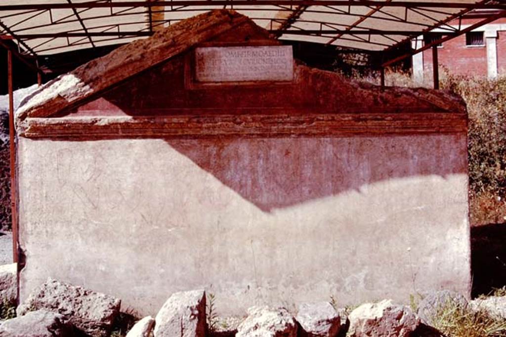 NGOF Pompeii, 1978. Front south wall of Tomb of M. Obellius Firmus, with graffiti. Photo by Stanley A. Jashemski.   
Source: The Wilhelmina and Stanley A. Jashemski archive in the University of Maryland Library, Special Collections (See collection page) and made available under the Creative Commons Attribution-Non Commercial License v.4. See Licence and use details. J78f0565

