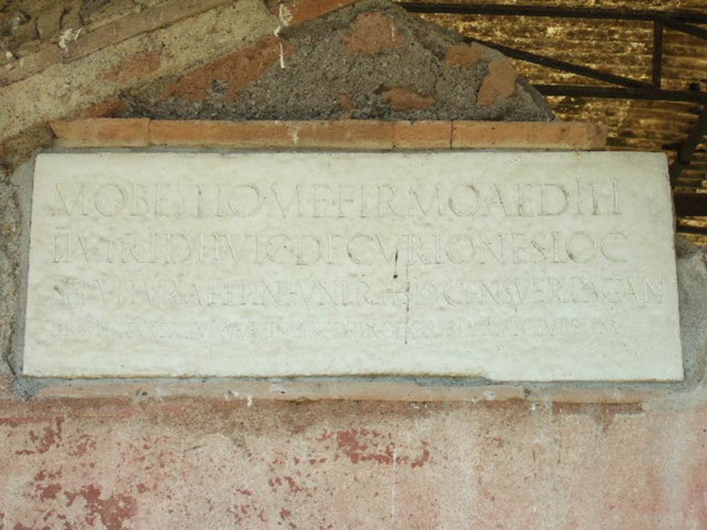 NGOF Pompeii. May 2006. Inscription on marble plaque on south wall of tomb of M. Obellius Firmus.
