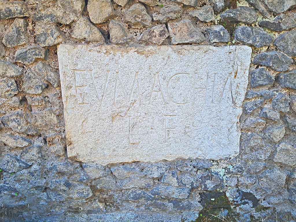 Pompeii Porta Nocera. October 2024.
Tomb 11OS. The plaque on the front wall to the east containing the inscription EVMACHIA L F. Photo courtesy of Giuseppe Ciaramella.
