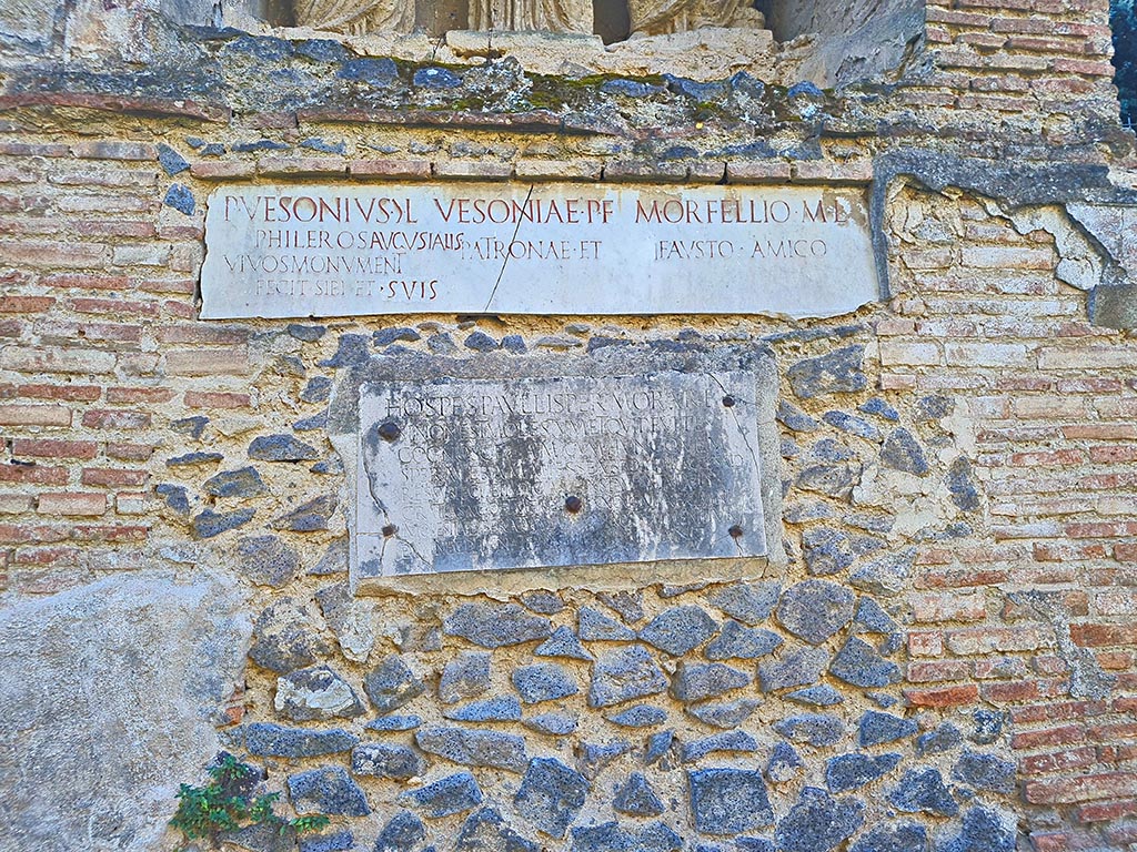 Pompeii Porta Nocera. October 2024. Tomb 23OS. Marble plaques with Latin inscriptions. Photo courtesy of Giuseppe Ciaramella.