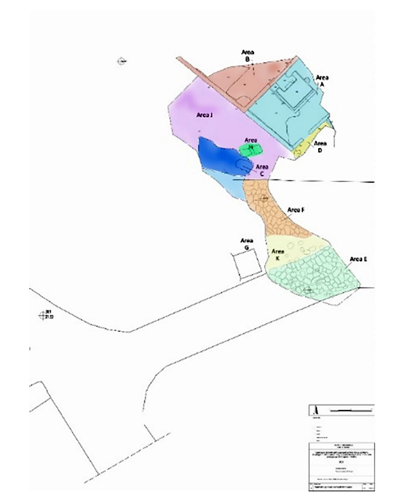 Pompeii Porta Sarno Necropolis. 2018 excavations plan.
See FastiOnline Necropoli di Porta Sarno 2018 Use subject to CC BY-SA 4.0
The space of the 2018 intervention was divided into different work zones, where the two funerary enclosures known to date in the necropolis stand out: 
AREA A: Funerary site with a monument on podium.
AREA B: Funerary site with a monument of type “colonnato”.
The area outside these enclosures was also subdivided into several areas:
AREA C: Samnite necropolis.
AREA D: area east of site A.
AREA E: via dell’Abbondanza, E-OE direction.
AREA F: auxiliary road, N-S direction.
AREA G: Funerary monument south of the auxiliary road.
AREA H: Praetorian tombs area.
AREA J: space between the funeral precincts and the area of the Samnite necropolis.
AREA K: space between the two tracks.
The new tombs found in 2021 would be a continuation from area D.
