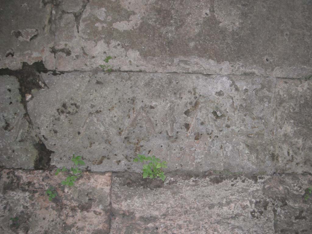 Tombs PSPN Pompeii. July 2015. Inscription to Λολλία Χηλειδών (Lollia Chelidon) on city walls near tower.
See D’Ambrosio, A. and De Caro, S., 1983. Un Impegno per Pompei: Fotopiano e documentazione della Necropoli di Porta Nocera. Milano: Touring Club Italiano, p. 25. 

According to the Packard Humanities Institute http://epigraphy.packhum.org/inscriptions/ this reads

Λολλία
Χηλειδών.        [CIL IV, 2498 = CIL X, 8355 = IG-14, 00706 = AE 2004, +00398] 
