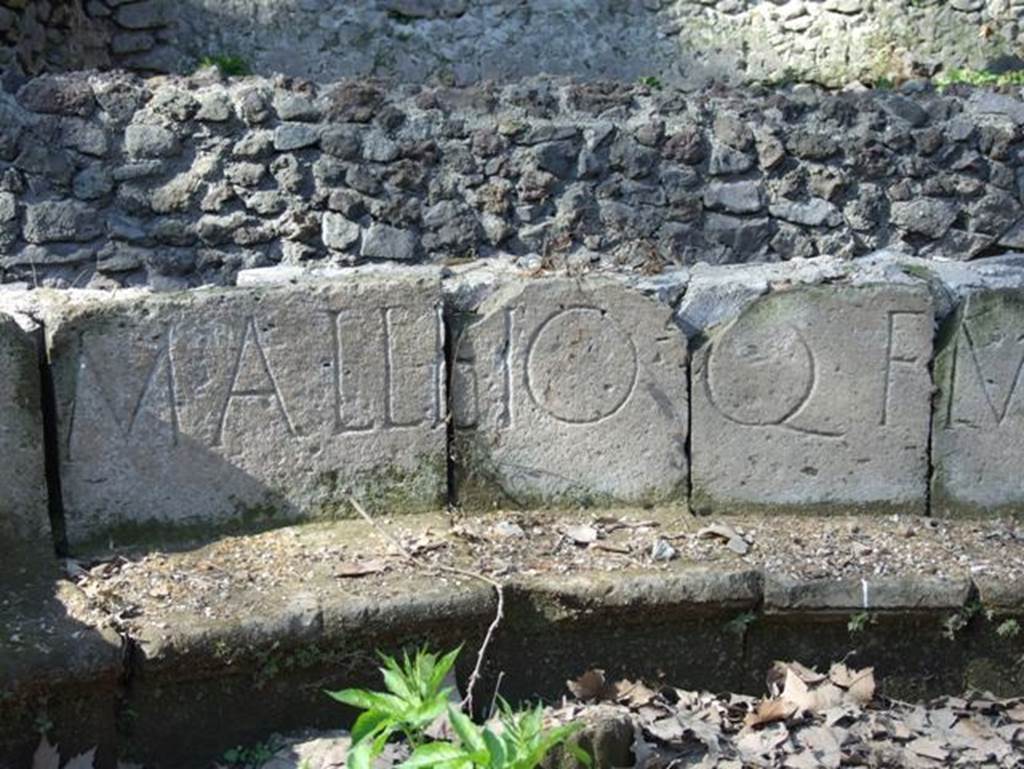 SGF Pompeii. March 2009. Schola. Start of inscription carved in large letters.