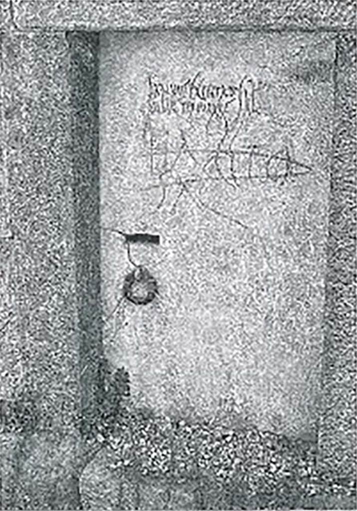 Tomb SG5 Pompeii. 2002. Graffiti on door in south wall.
Iarinus Expectato
ambaliter unique sal(utem)
Habito sal(utem)

Iarinus salutes Expectatus, a friend forever; greetings to Habitus
Over the name of Habito someone drew a phallus.
Photograph courtesy of Parco Archeologico di Pompei.

According to Emmerson, the bottom graffito reads HABITO SAL ("greetings to Habitus '), and was crossed out at some point in antiquity. 
The top is less clear and seems to contain several misspellings.
It reads LARINUS EXPECTATO AMBALITER (perhaps a misspelling of amabiliter) UNIQUE (perhaps for ubique) SAL (“Larinus sends greetings to Expectatus as a friend forever”). 
Salutation graffiti of this type is common on the tombs of Pompeii. 
See Emmerson A., 2010. Reconstructing the Funerary Landscape at Pompeii's Porta Stabia: Rivista di Studi Pompeiani 21, pp. 80-81, fig. 7.
