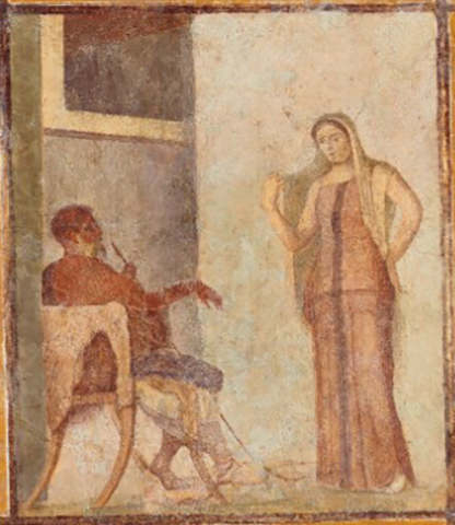 Boscoreale. Villa of Numerius Popidius Florus. Room 4. Central painting from east wall. Cynic and courtesan?
Detail from digital image courtesy of the Getty's Open Content Program. Now in the Getty Museum, inventory number 70.AG.91.
