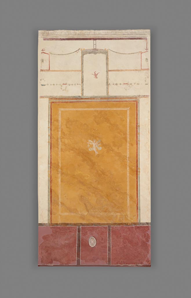 Boscoreale. Villa of Numerius Popidius Florus. Room 13. Frescoed Wall with White Ground and Yellow Centre Panel
Digital image courtesy of the Getty's Open Content Program. Now in the Getty Museum, inventory number 70.AG.90.
One of two frescoes that decorated the vaulted cubiculum (bedroom) of the Villa of Numerius Popidius Florus at Boscoreale (see also 70.AG.89). Adjacent to the villa’s bath, it was one of the last rooms to be decorated. This chamber (known as Cubiculum 13) contained frescoes with elegant compositions on a white background. The decoration of the upper register features columns and trellises that frame hanging garlands, birds, and theatre masks. In the centre of this fresco, a flying Cupid holding a basket and a staff is depicted on a yellow background. The red lower register would have extended around the entire room. The painting style, categorized by scholars as Fourth Style, is the last style of Roman wall painting, and combines elements of the three styles that came before.
