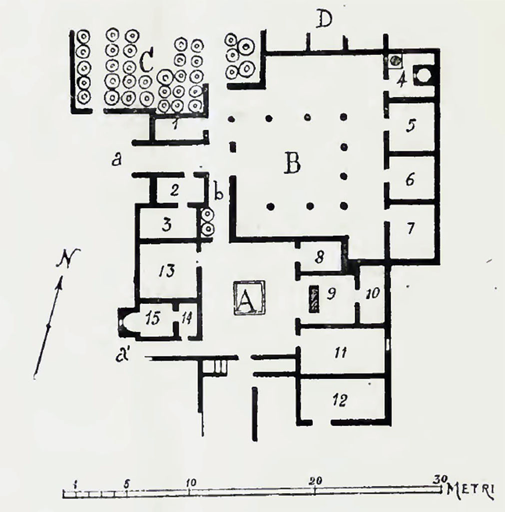 Pompeii. Villa rustica in contrada Messigno proprietà Giacomo Matrone. 1923 plan from NdS.
See Notizie degli Scavi di Antichità, 1923, p. 272, fig. 1.

