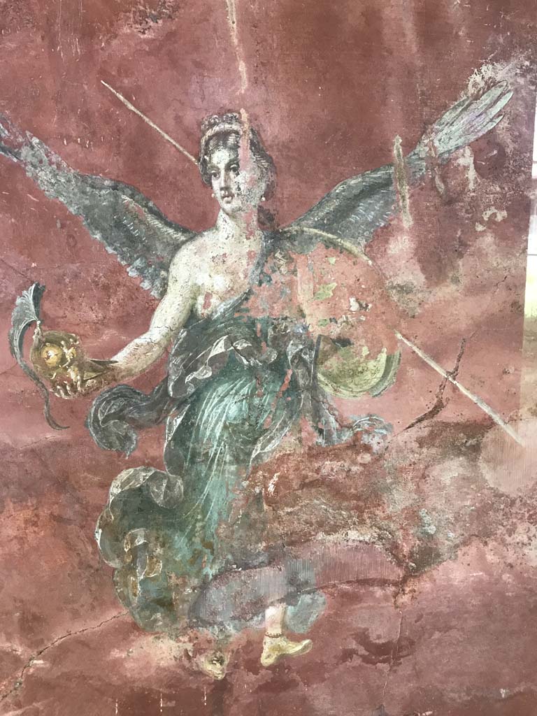 Complesso dei triclini in località Moregine a Pompei. April 2019. Triclinium C, north wall, detail of Sarno River God.
Photo courtesy of Rick Bauer.
