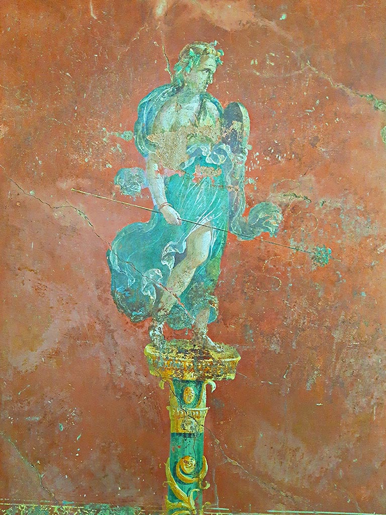 Complesso dei triclini in località Moregine a Pompei. September 2024. Triclinium C, east wall.  
Figure dressed in green, possibly Polyhymnia the muse of hymns and sacred poetry, or perhaps a maenad with bacchic attributes.
Photo courtesy of Giuseppe Ciaramella.
