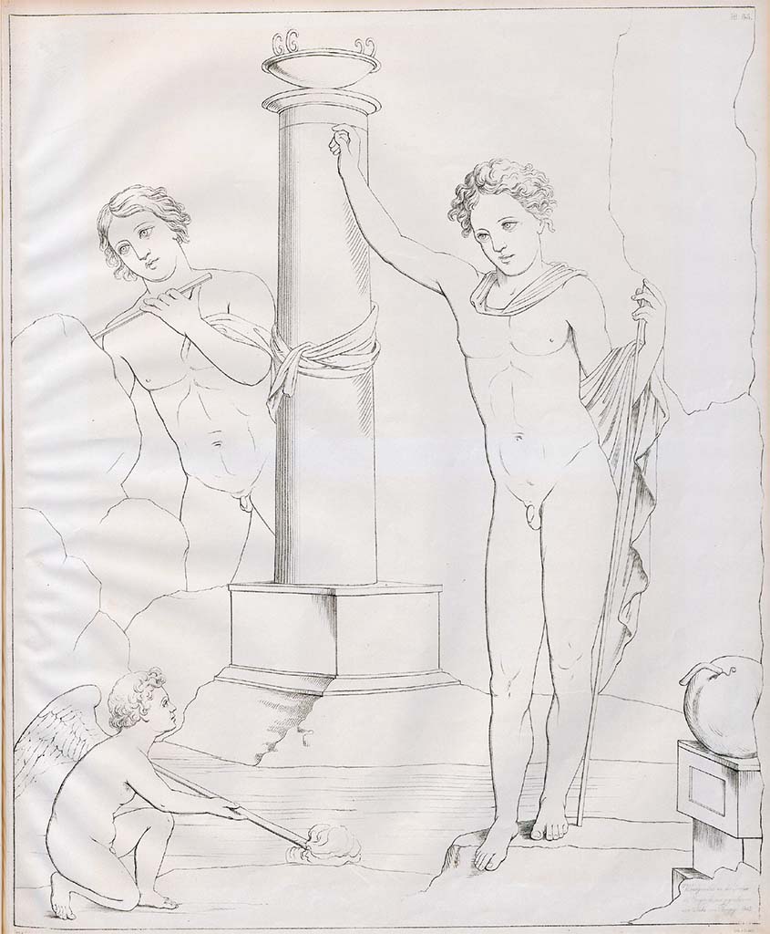 Torre Annunziata, Villa of C. Siculius. Drawing by Zahn of painting of Narcissus.
Zahn explains that the painting has suffered a great deal so that doubts arise about some of the details.
He shows the figure at the rear as male, perhaps Ameinias or a mountain god. He also shows the vase at the bottom right as a large gourd.
He also says that if the figure at the rear were female it would clearly be the nymph Echo.
It was excavated during the construction of the railway near Pompeii, under Torre dell' Annunziata in 1842.
See Zahn, W., 1852-59. Die schnsten Ornamente und merkwrdigsten Gemlde aus Pompeji, Herkulanum und Stabiae: III. Berlin: Reimer, taf. 65.
