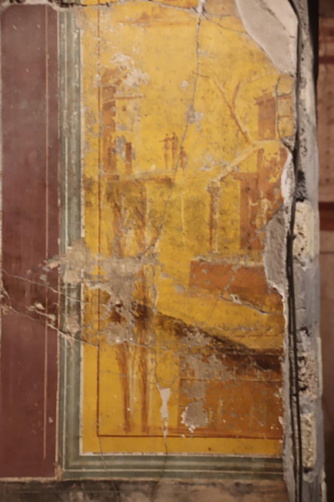 Oplontis Villa of Poppea, October 2022.  
Room 14, detail of panel on south end of north side of doorway, in east wall.
Photo courtesy of Klaus Heese.  
